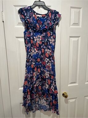 Parker 100% Silk Navy Blue Floral High-Low Ruffle Dress